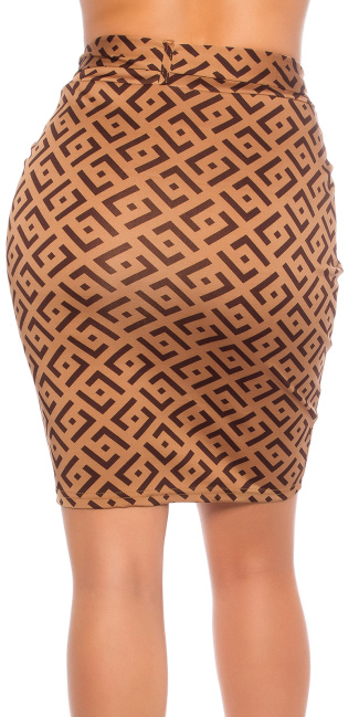 hoge taille rok met print + riem bruin